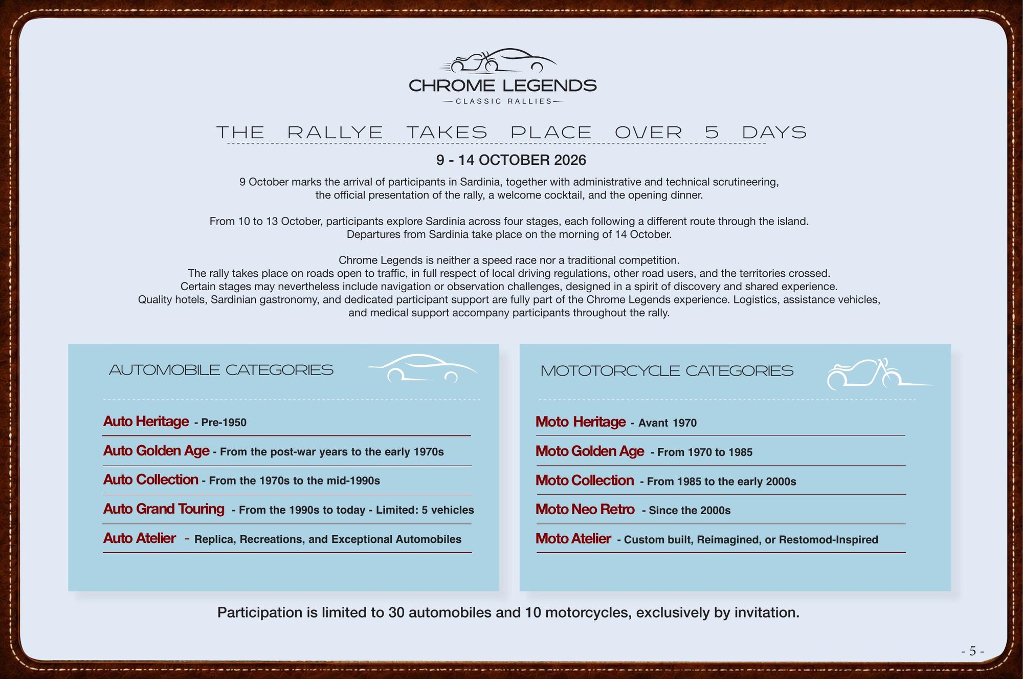 The rallye takes place over 5 days — 9 to 14 October 2026, with automobile and motorcycle categories.