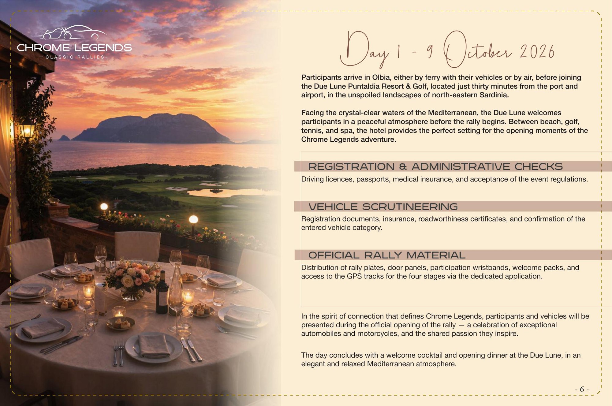 Day 1, 9 October 2026 — arrival at Due Lune Puntaldia Resort and Golf.