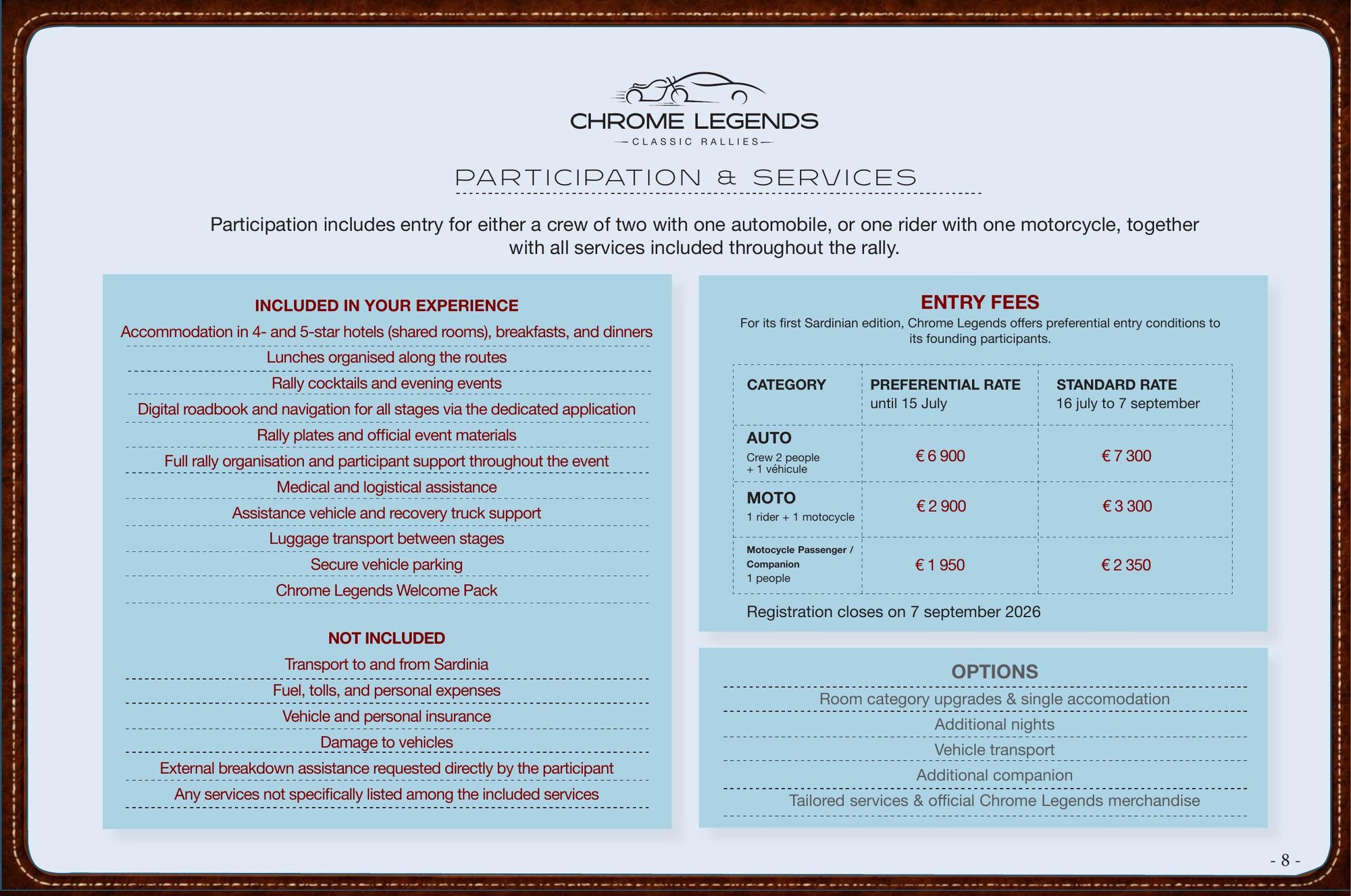 Participation and Services — what's included, what's not included, entry fees, and options.